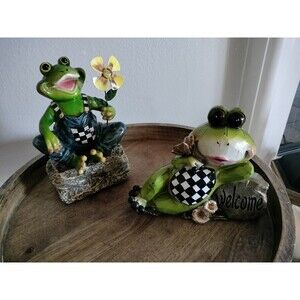 Pair of Whimsical Resin Frog Black White Checks Checkered MK Designs Racing